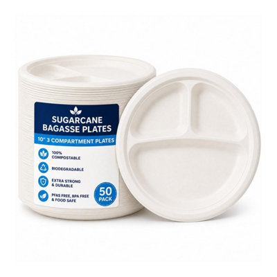 HSD Sugarcane Bagasse Plates10" 3 Compartment (50 Pack)100% Compostable & BiodegradableExtra Strong Disposable Plates from B&Q
