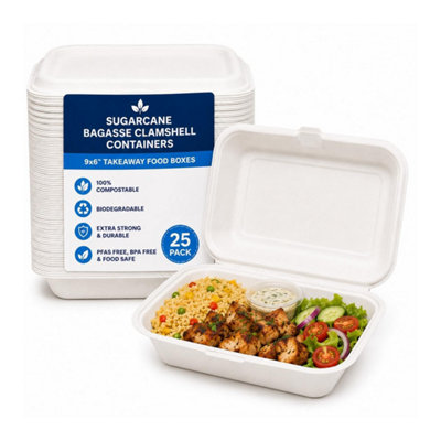 HSD Sugarcane Bagasse Clamshell Containers9X6" (25 Pack)CompostableBiodegradable Takeaway Food Boxes from B&Q