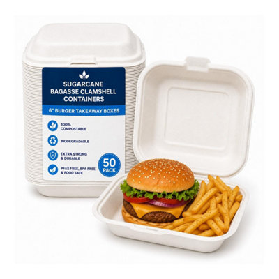HSD Sugarcane Bagasse Clamshell Containers6" Burger (50 Pack)CompostableBiodegradable Takeaway Food Boxes from B&Q