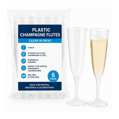 HSD Plastic Champagne FlutesClear (6 Pack)Reusable Glasses For PartiesWeddings & Celebrations from B&Q
