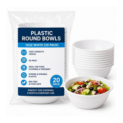 HSD Plastic Round Bowls - 12Oz White (20 Pack) - Disposable Bowls For Food, Catering & Takeaway