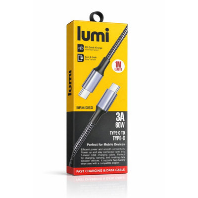 HSD Lumi Usb-C To Usb-C Cable 1M Black/grey60W Pd Fast Charging & Data Transfer3A Braided Type C Cable For Phones & Devices from B&Q