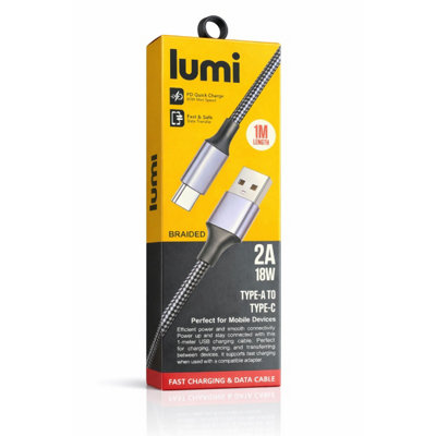 HSD Lumi Usb-A To Usb-C Cable 1M Black/grey18W Fast Charging & Data Transfer2A Braided Type C Charger Cable For Mobile Devices from B&Q