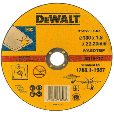 Dewalt 180mm 7" 1.6mm Thin Inox Metal Cutting Disc 22.2mm Bore Flat Disc Dcg440N from B&Q