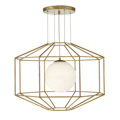 DAR Izmir 1 Light Pendant Hexagonal Old Gold Frame Opal Glass from B&Q