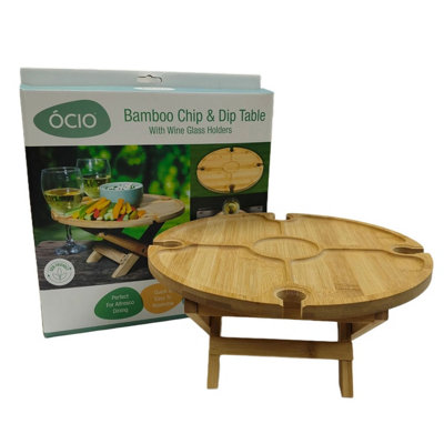 Summit Portable Bamboo Chip Dip Wine Snack Table Round Wooden Picnic Table Graze Board from B&Q