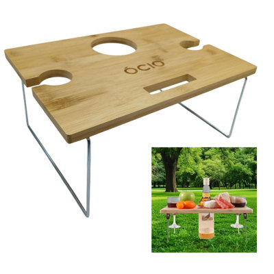 Summit Portable Bamboo Wine Glass & Snack Table Wooden Picnic Table Graze Cheese Board from B&Q