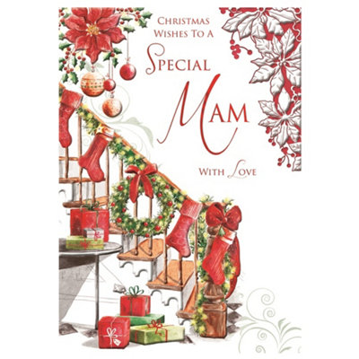 With Love To A Special Mam Stockings And Wreath Design Christmas Card from B&Q