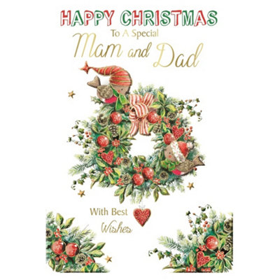 To A Special Mam And Dad Birds In Wreath Design Christmas Card from B&Q
