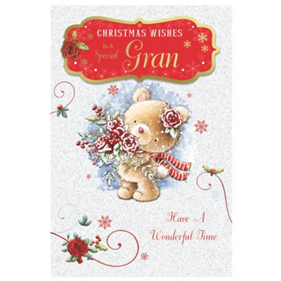To A Special Gran Teddy With Bunch Of Flowers Design Christmas Card from B&Q