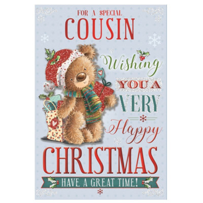 For A Special Cousin Teddy With Shipping Gift Bag Design Christmas Card from B&Q