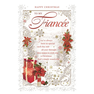 To My Fiancee Poinsettias And Gifts Design Christmas Card from B&Q