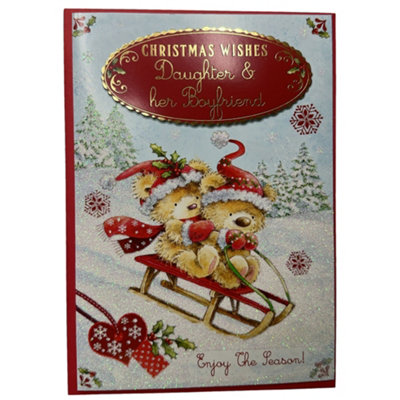 Daughter And Her Boyfriend Cute Bears On Sleigh Design Christmas Card