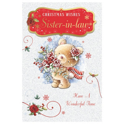 For Sister In Law Teddy With Bunch Of Flowers Design Christmas Card from B&Q