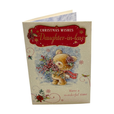Teddy With Bunch Of Flowers Design Daughter In Law Christmas Card from B&Q
