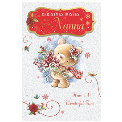 To A Special Nanna Teddy With Bunch Of Flowers Design Christmas Card from B&Q