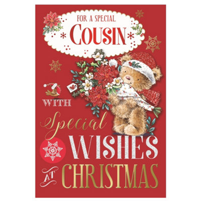 For A Special Cousin Bear Carring Flower Bouquet Design Christmas Card from B&Q
