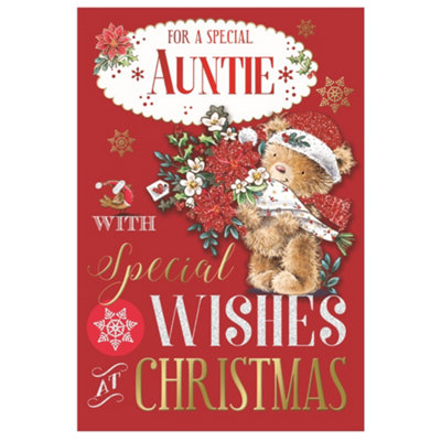 For A Special Auntie Bear Carring Flower Bouquet Design Christmas Card from B&Q