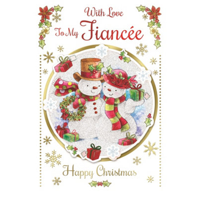 With Love To My Fiancee Cute Couple Snowman Design Christmas Card from B&Q