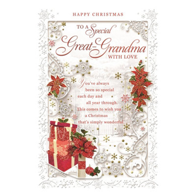 To A Special Great Grandma Poinsettias And Gifts Design Christmas Card from B&Q