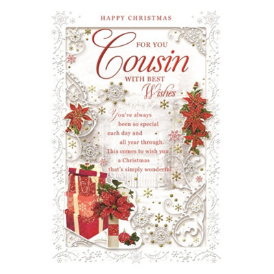 For You Cousin Poinsettias And Gifts Design Christmas Card from B&Q