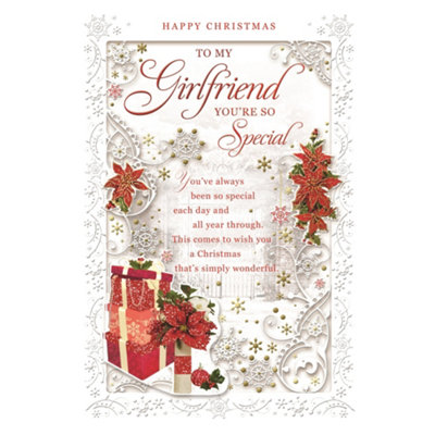 To My Girlfriend Poinsettias And Gifts Design Christmas Card from B&Q