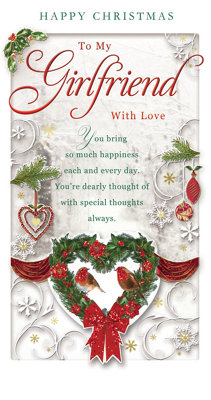 With Love To My Girlfriend Heart Design Wreath Red Glitter Finished Christmas Card from B&Q