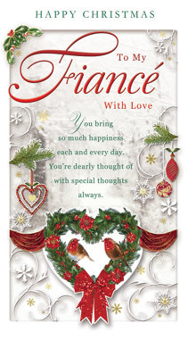 With Love To My Fiance Heart Design Wreath Red Glitter Finished Christmas Card from B&Q