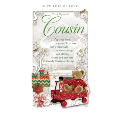 To A Special Cousin Teddy On Sleigh Design Christmas Card from B&Q