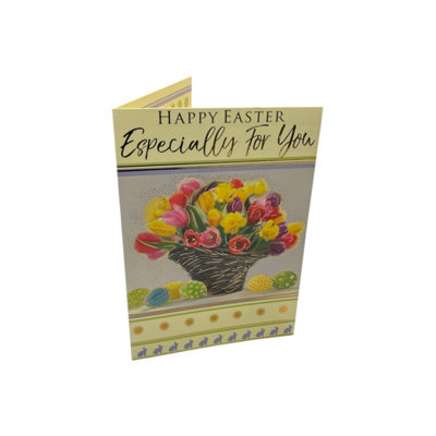 Bucket Of Flowers And Eggs Design Open Easter Card from B&Q