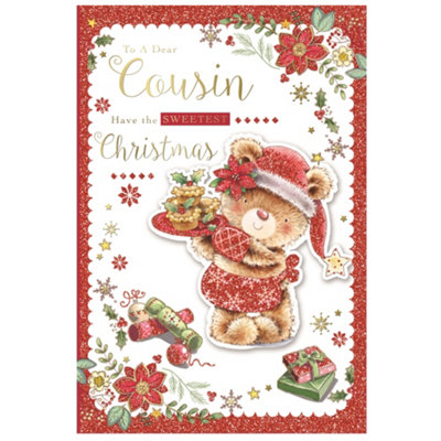 To A Dear Cousin Bear Holding Cupcakes Design Christmas Card from B&Q