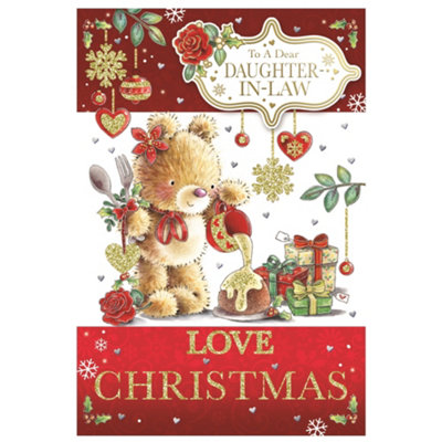 To A Dear Daughter In Law Teddy Pouring Frosting On Cake Design Christmas Card from B&Q