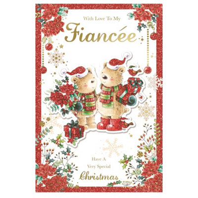 With Love To My Fiancee Lovely Teddies With Flowers And Gifts Design Christmas Card from B&Q
