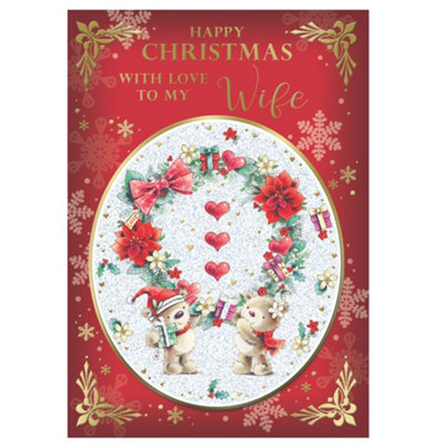 With Love To My Wife Bears Holding Wreath Design Christmas Card