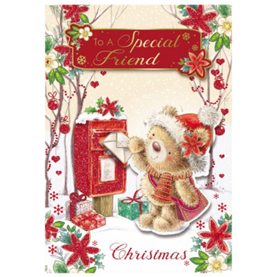 To A Special Friend Teddy At Mail Box Design Christmas Card from B&Q