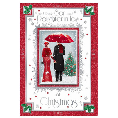  - For Son And Daughter In Law Lovely Couple With Snowy Scene Design Christmas Card