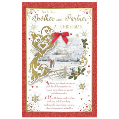 For Dear Brother And Partner Couple Walking In Winter Wonderland Design Christmas Card from B&Q