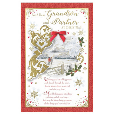 For A Dear Grandson And Partner Couple Walking In Winter Wonderland Design Christmas Card from B&Q