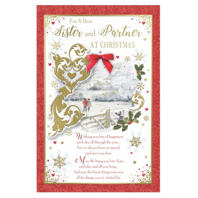 For A Dear Sister And Partner Couple Walking In Winter Wonderland Design Christmas Card from B&Q
