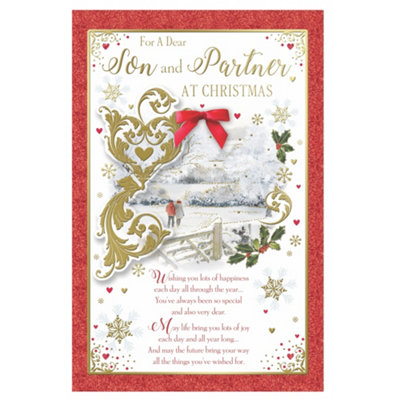 For A Dear Son And Partner Couple Walking In Winter Wonderland Design Christmas Card from B&Q