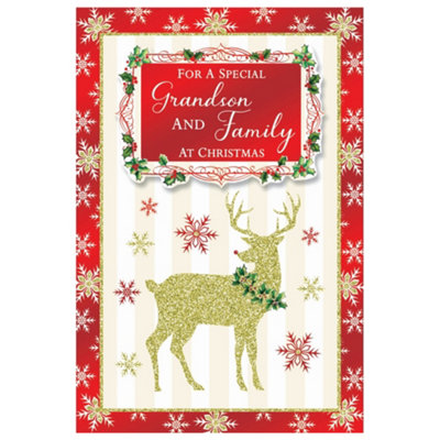 For A Special Grandson And Family Golden Reindeer Festive Design Christmas Card from B&Q