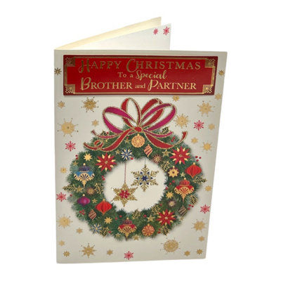 To A Special Brother And Partner Baubles Decorative Wreath Design Christmas Card from B&Q