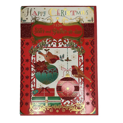 To A Dear Sister And Brother In Law Birds On Baubles Design Christmas Card from B&Q