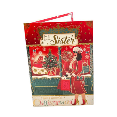 For A Special Sister Beautiful Lady With Bags Design Christmas Card from B&Q