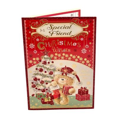 To A Special Friend Teddy With Stocking And Gift Design Christmas Card from B&Q