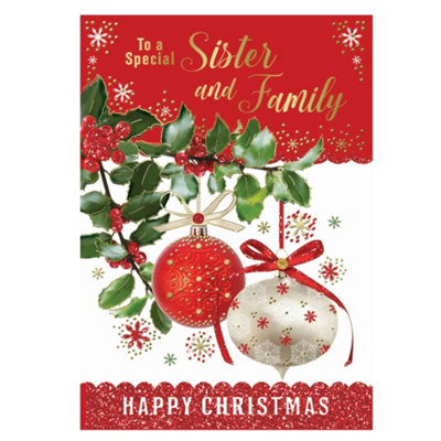 To A Special Sister And Family Decorative Baubles Design Christmas Card from B&Q