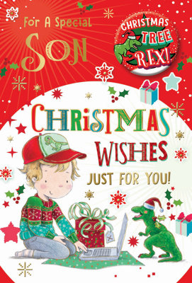 Special Son Christmas Tree Rex Dinosaur Design Christmas Card With Badge from B&Q
