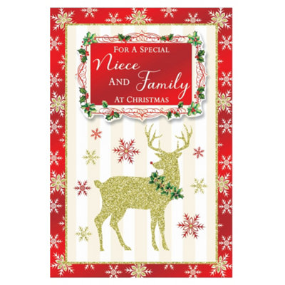 For A Special Niece And Family Golden Reindeer Festive Design Christmas Card from B&Q