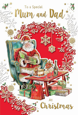 To A Special Mum And Dad Santa Reading Book Design Christmas Card from B&Q