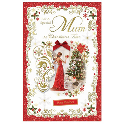  - Christmas Wishes To Mum Elegant Red Dress & Festive Decor Card